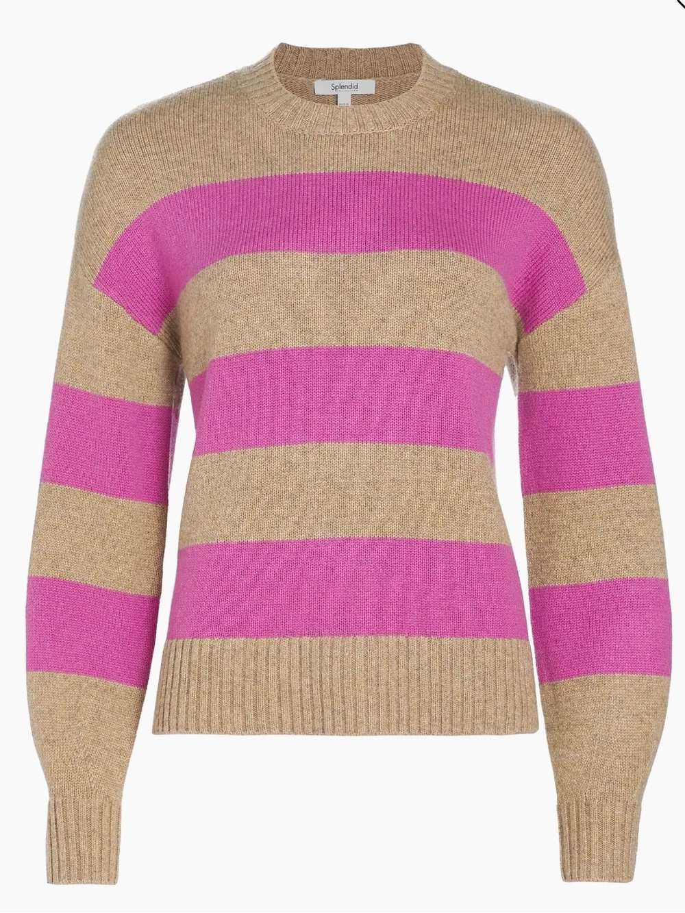Splendid Beige and Hot Pink Striped Crewneck Sweater